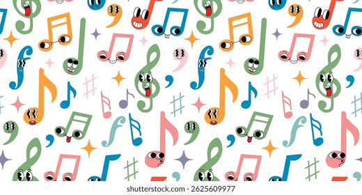 seamless pattern with colored musical notations groovy characters in doodle style. Element for design pattern backgrounds seamless wallpaper packaging wrapping textile print banner