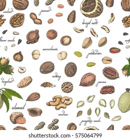 Seamless pattern with colored nuts and seeds. Vector illustration for your design
