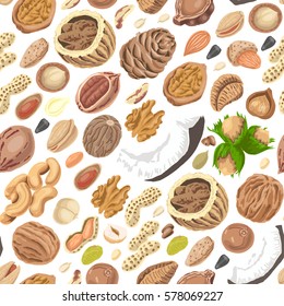 Seamless pattern with colored nuts and seeds. Vector illustration for your design