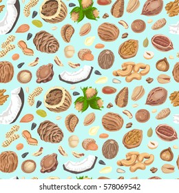 Seamless pattern with colored nuts and seeds. Vector illustration for your design