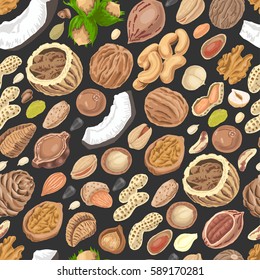 Seamless pattern with colored nuts and seeds. Vector illustration for your design