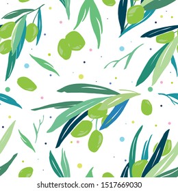 Seamless pattern with colored olive branches. Doodle vector background.