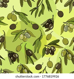 
Seamless pattern with colored olives.Vector flat illustration in doodle style. Print for textiles or packaging.
