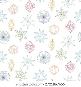 Padrão contínuo com contorno colorido Decorações de Natal estrelas geométricas de papel, bolas, icicles no estilo doodle. Férias minimalistas para papel de embrulho de inverno, impressões têxteis ou gráficos sazonais