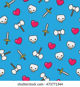 Seamless pattern with colored outline gamer icons on blue background