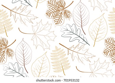 Seamless pattern with colored outline leaves. Autumn leaves. Vector illustration