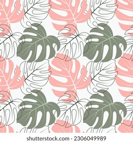 Patrón sin foco con hojas de monstera tropicales de color y contorno.Colores pasteles. Imprimir, textil, plantilla, vector