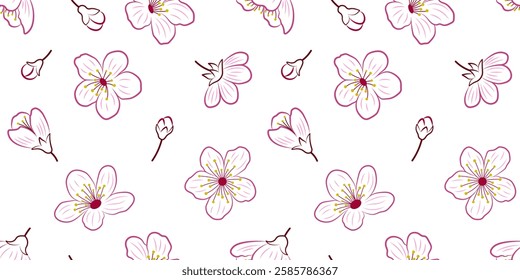 Seamless pattern with colored outlines of sakura flowers and buds on a white background for textile, fabric, wrapping paper. Botanical pattern with cherry blossom
