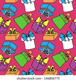 Seamless pattern of colored painted gift boxes with bow, ribbon
