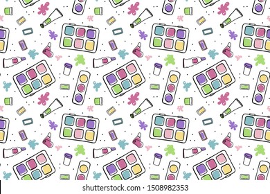 seamless pattern colored painting supplies on a white background