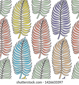 Seamless pattern with colored palm leaves on a white background.