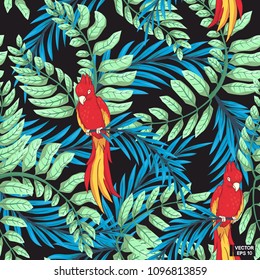 Seamless pattern, colored parrots.