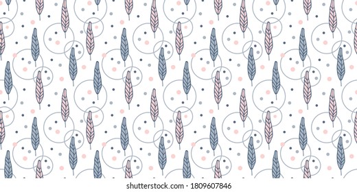 Seamless pattern of colored pastel feathers on white background. children’s baby illustration for printing on postcards, labels, bed linen, banner, pillows and blankets,web page. Minimalist,