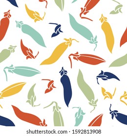 Seamless pattern with colored pea pods. Vegetarian cuisine. Surface design, textures. Vector illustration.