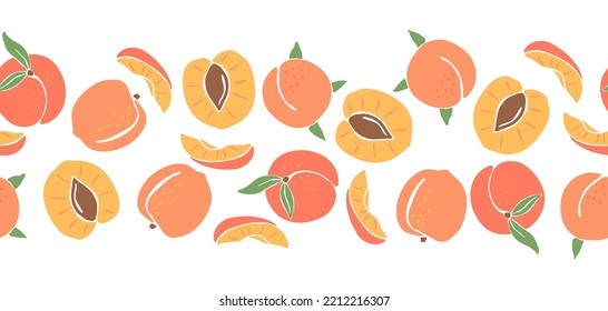 Seamless pattern with colored peaches. Decorative fruits and leaves.