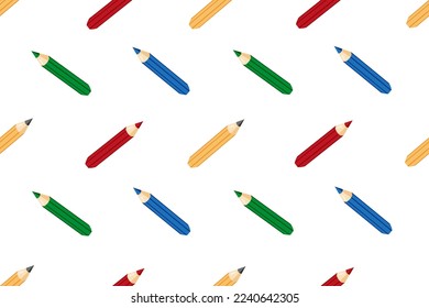 Seamless pattern with colored pencil on white background. Colorful pencils. Wallpaper print. Children bed linen. Backdrop with school writing accessories.