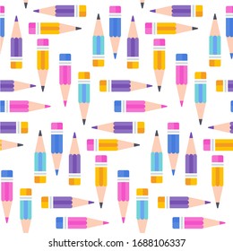 Nahtloses Muster mit farbigen Bleistiften. Geräumiger, kuscheliger Hintergrund. Bildung und Kunst. Für Tapeten, Digitalpapier und Verpackungen. Flache Vektorillustration auf weißem Hintergrund.