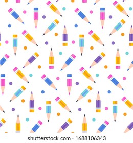 Seamless pattern with colored pencils. Cute baby background. Education and art. For wallpaper, digital paper and packaging. Flat vector illustration on white background.