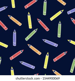 Seamless pattern with colored pencils on dark background. School and childhood concept, reverse design