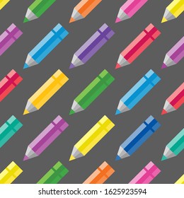 Seamless pattern with colored pencils on a gray background. Vector graphics.