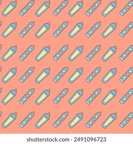 Seamless pattern with colored pencils on a peach background. Printing on fabric