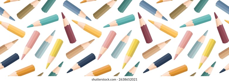 Seamless pattern with colored pencils on a white background. Vector illustration with a playful and creative design. For educational materials, projects, banners, and back to school theme.