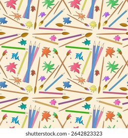 Seamless pattern with colored pencils, paintbrushes, ink and paint splashes on beige background. For back to school or educational theme, supplies or stationery design, textile print, wrapping paper.