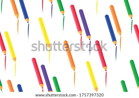 Seamless pattern with colored pencils and their strokes on white background. Colored pencils. Vector illustration 