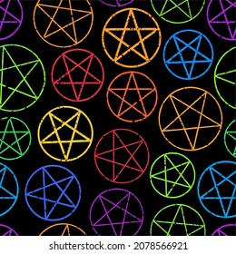 seamless pattern of colored pentagrams on black background