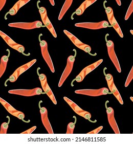 Seamless pattern with colored peppers arranged randomly on black.Vegetable background and texture for printing on fabrics and paper.Vector cartoon illustration for design cards,cover,posters.