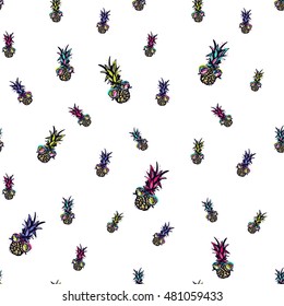 Seamless pattern with colored pineapple in sunglasses. Vacation symbols in decorative hand drawn sketch style. Summer mood inspired illustration.