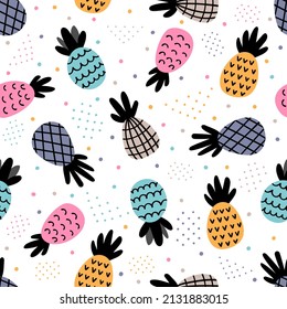 Seamless pattern with colored pineapples. Cute summer background with tropical fruit. Vector illustration