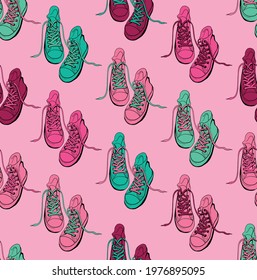 seamless pattern colored pink and green sneakers shoes in comic style 