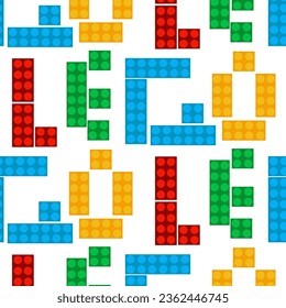 Seamless pattern of colored plastic and the name of the designer. LEGO. Flat vector illustration on a white background. Details of different sizes and colors. Printing on textiles and paper