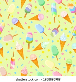 Seamless pattern with colored popsicles, eskimo pies and icecream in waffle cones