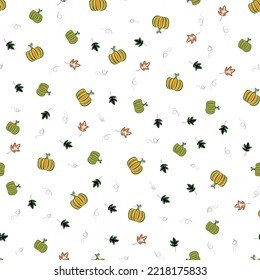 seamless pattern with colored pumpkins on white background, stylized pumpkins in chaotic order, design with pumpkins for Halloween.