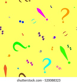 Seamless pattern with colored punctuation marks. Yellow background. Vector