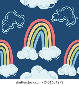 Seamless pattern of colored rainbows with cloud vector illustration on blue background