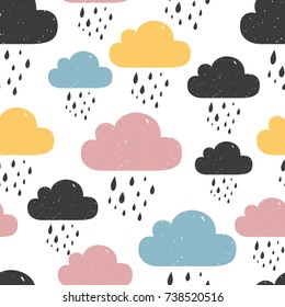 Seamless pattern with colored rainy clouds. Vector illustration