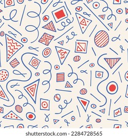 seamless pattern with colored random shaped lines, circles, triangles and squares. vector illustration with back to school vibes. Abstract geometrical elements isolated on white background