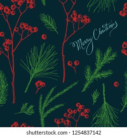 Seamless pattern with colored rowan, lettering, pine branch, spruce, redwood