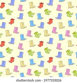 Seamless pattern with colored rubber boots. Gardening. For printing wrapping paper, wallpaper, packaging, fabric. Hand Drawn vector illustration.