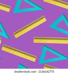 Seamless pattern with colored rulers, triangular with divisions. Divisions for printing. School and office supplies on an isolated background. Vector illustration in a simple cute style.