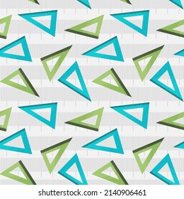 Seamless pattern with colored rulers, triangular with divisions. Divisions for printing. School and office supplies on an isolated background. Vector illustration in a simple cute style.