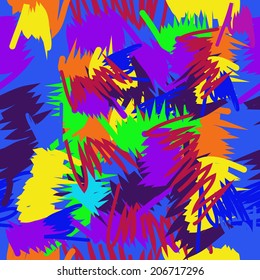 Seamless pattern of colored scribbles on a blue background.