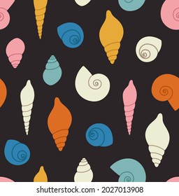 Seamless pattern of colored seashells. Concept of ocean flora and fauna, marine and underwater life, summertime. Colored vector illustration, isolated on black.