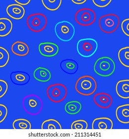 Seamless pattern of colored shapes, ellipses on a blue background. Handmade.
