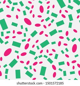 Seamless pattern of colored shapes on white.