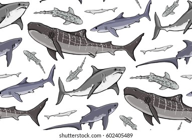 seamless pattern with colored sharks on white background