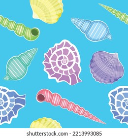 Seamless pattern of colored shells on a blue background.